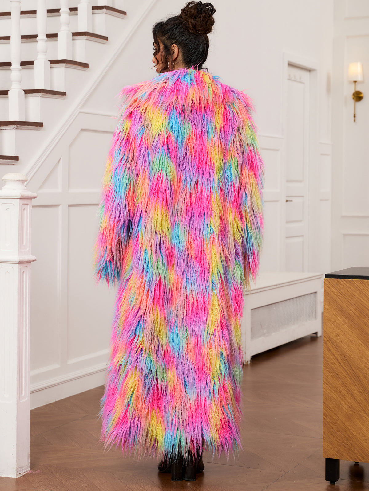 Women Rainbow Shaggy Faux Fur Long Coat Oversized Fluffy Furry Maxi Jacket