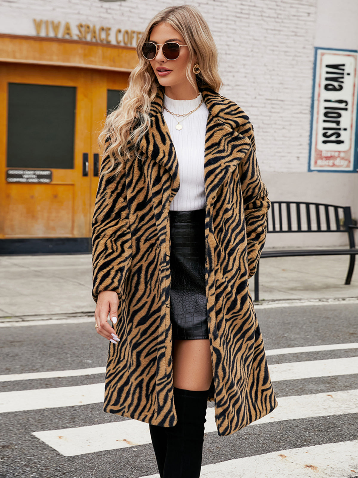Tiger Zebra Striped Print Faux Fur Coat Notched Lapel Mid-Length Fluffy Furry Jacket