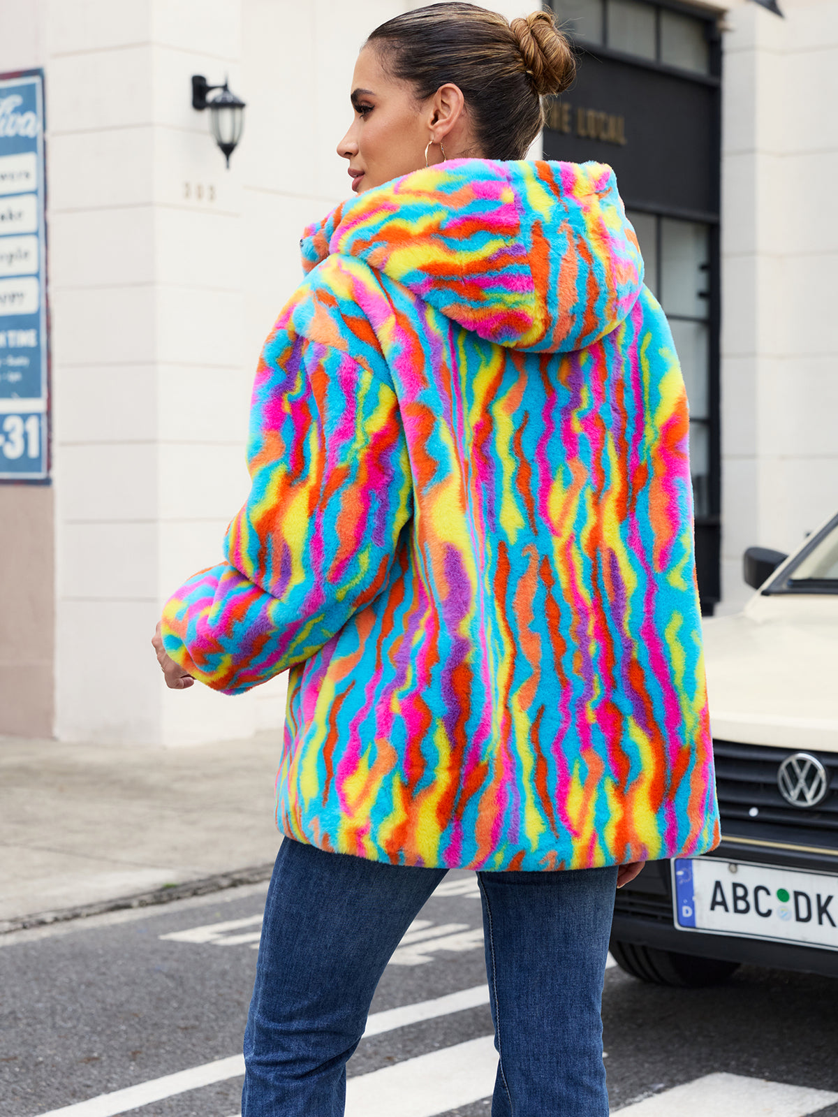 Rainbow Swirl Hooded Faux Fur Jacket Colorful Psychedelic Zip Up Fluffy Coat For Rave Festival