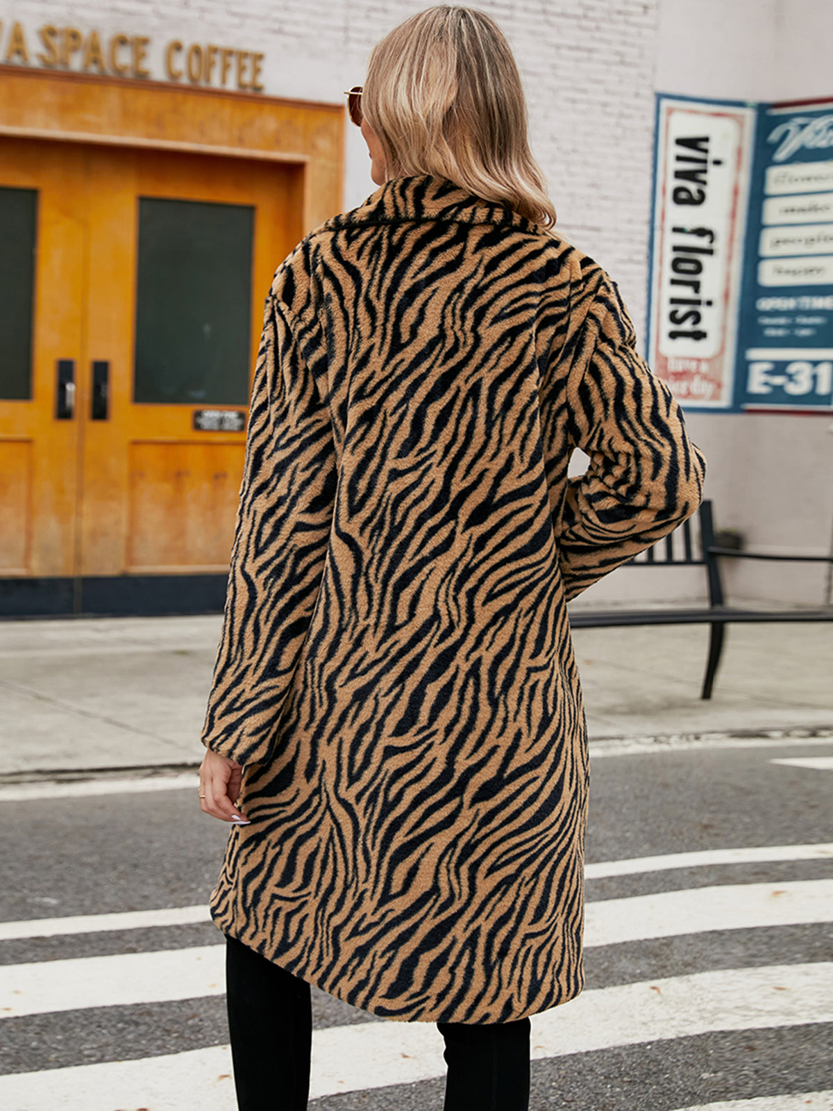 Tiger Zebra Striped Print Faux Fur Coat Notched Lapel Mid-Length Fluffy Furry Jacket