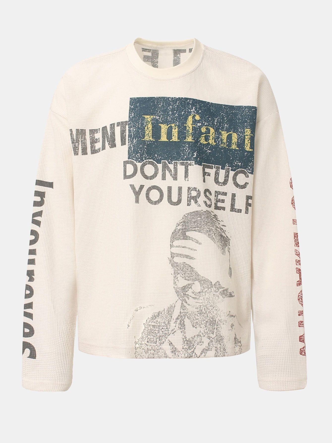 Oversize Portrait Slogan Print Waffle T-Shirt