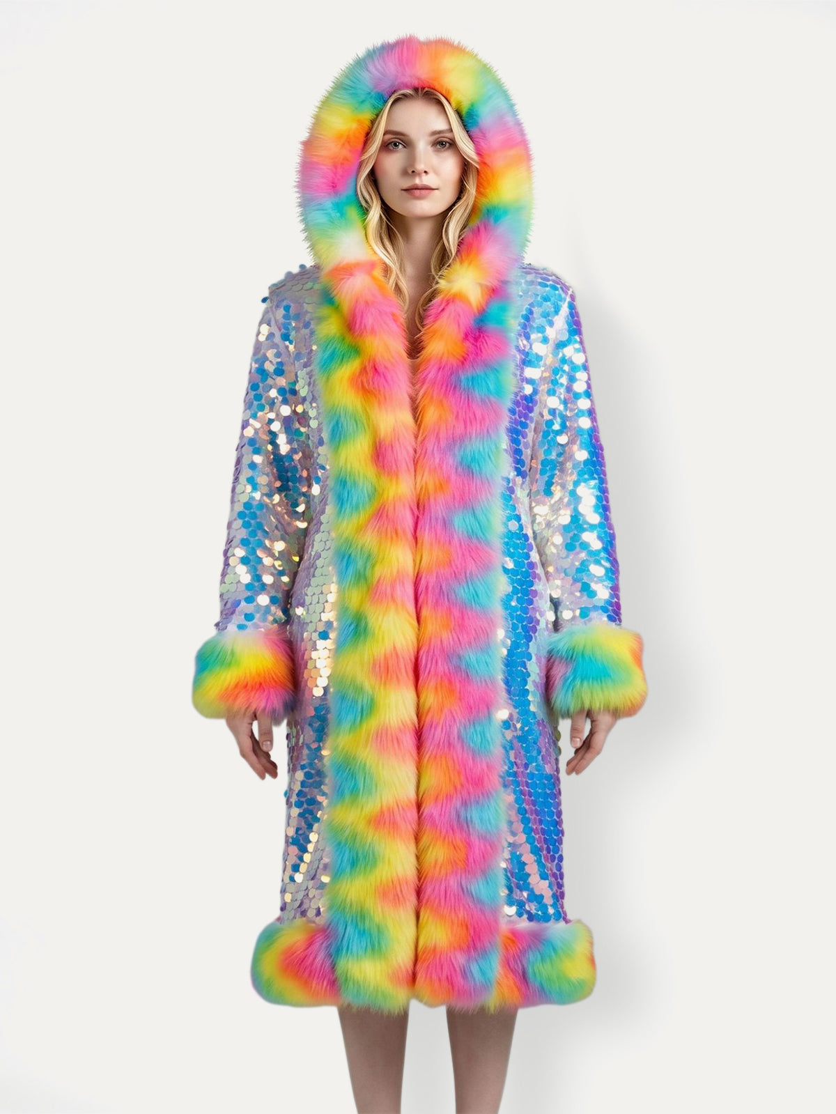 Faux Fur Trim Sequin Long Hooded Coat
