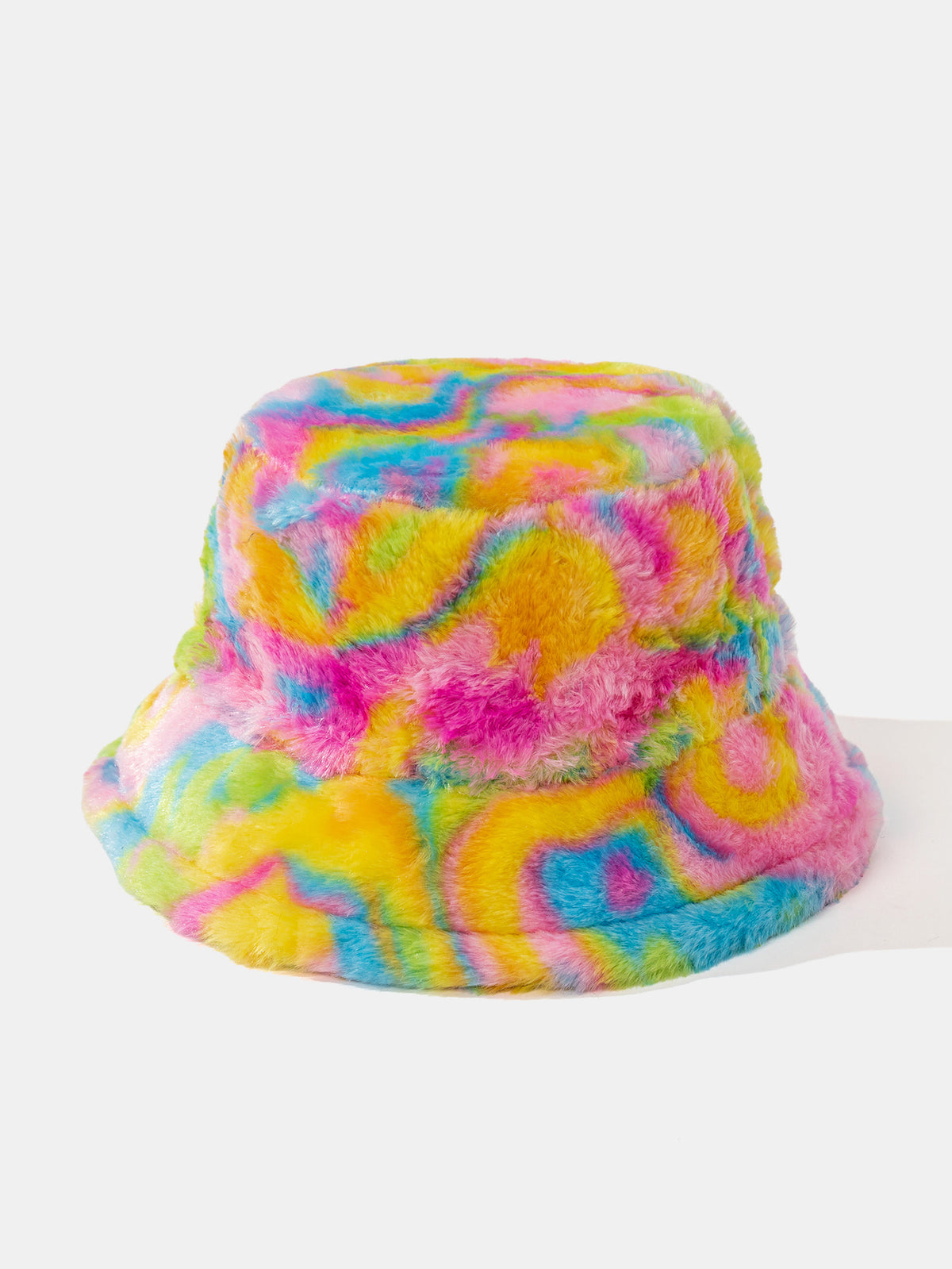 Plush-Texture Bucket Hat – Faux Fur Hat Featuring Psychedelic Animal-print Swirls; Perfect For Music Festival Outfits