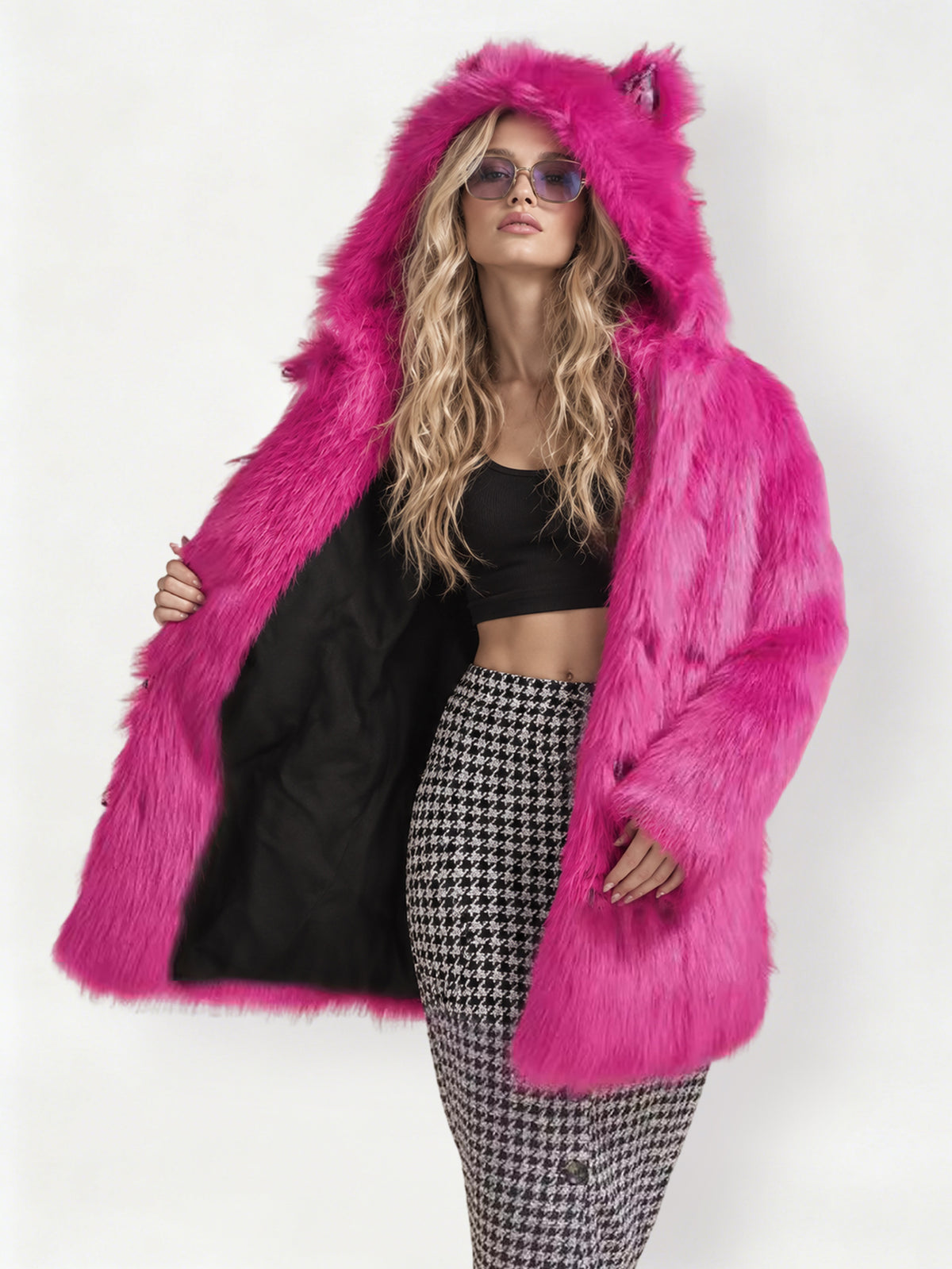 Women Faux Fur Hooded Coat With Cat Ears Fluffy Shaggy Long Furry Jacket