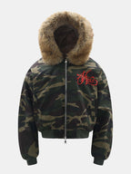 Boxy Camouflage Faux Fur Collar Hooded Jacket