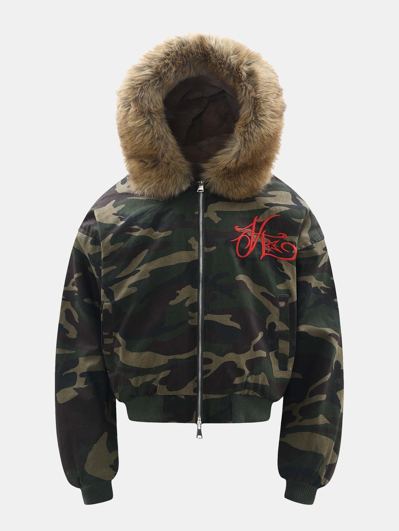 Boxy Camouflage Faux Fur Collar Hooded Jacket