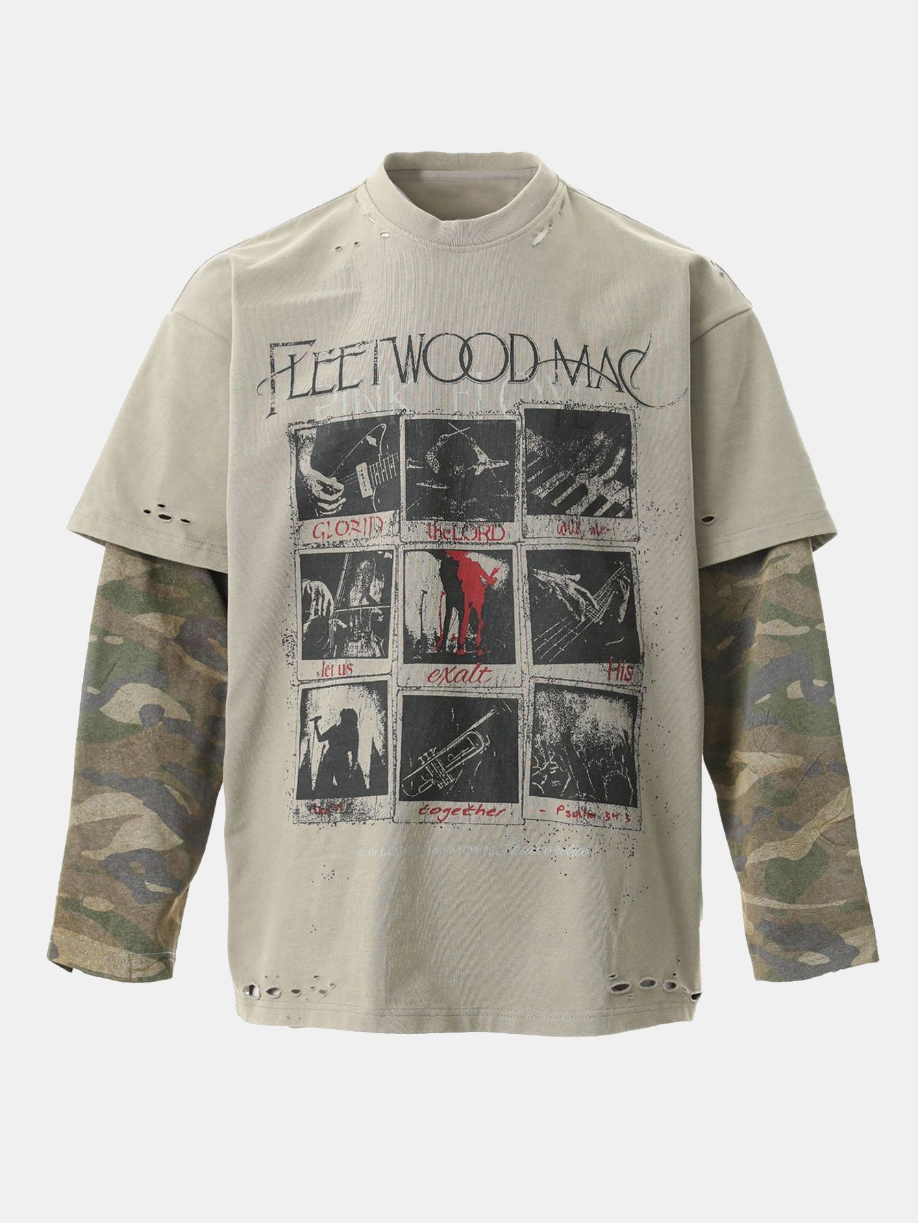 2 In 1 Camouflage Washed Ripped Rock Print T-Shirt