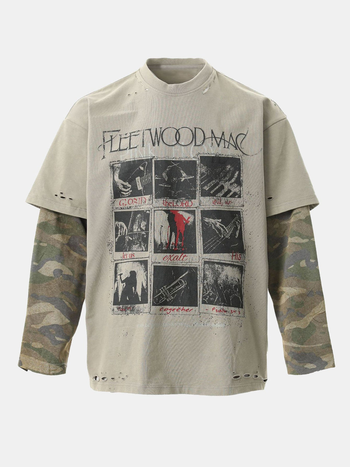 2 In 1 Camouflage Washed Ripped Rock Print T-Shirt