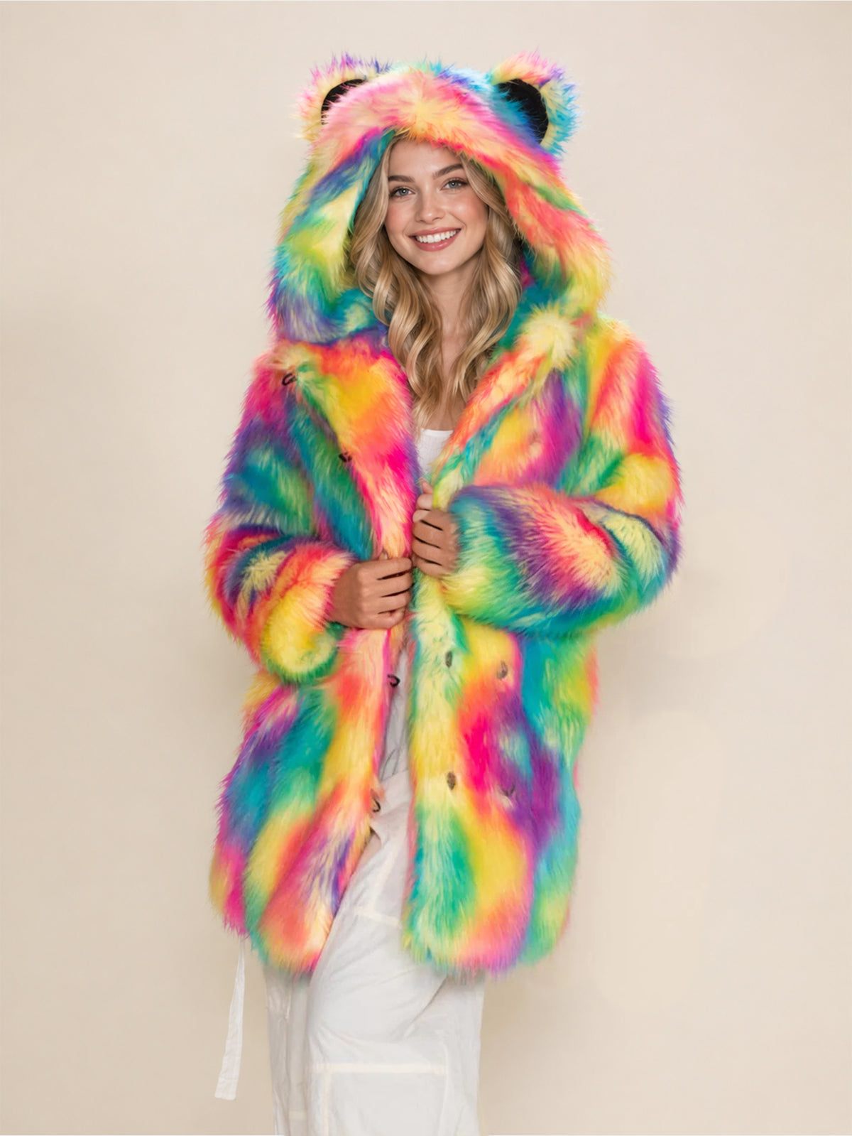 Rainbow Faux Fur Hooded Coat With Bear Ears Fluffy Shaggy Long Furry Jacket
