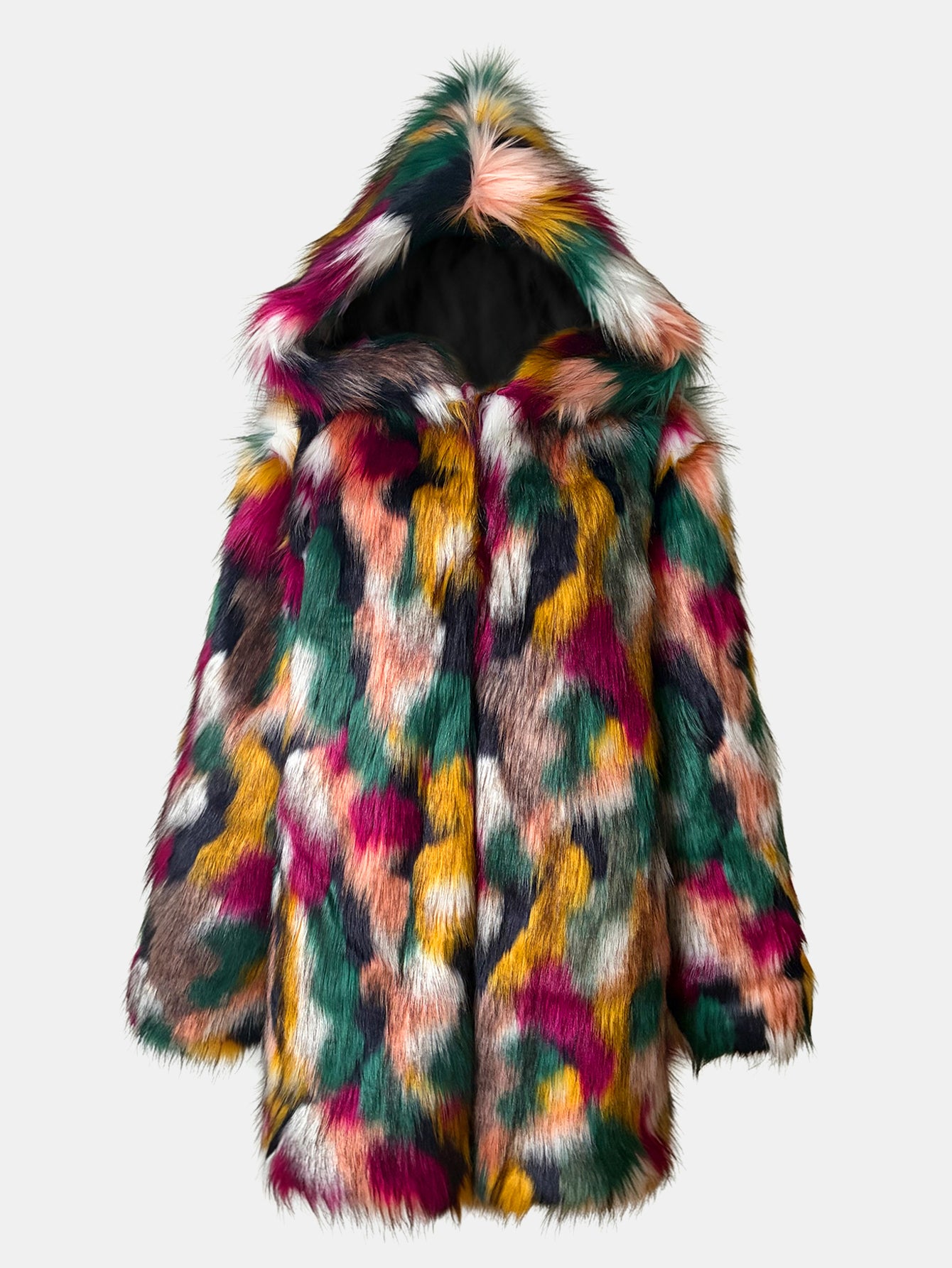 Multi-Color Patchwork Faux Fur Hooded Coat Fluffy Shaggy Jacket