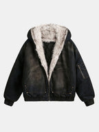 Boxy Faux Fur Collar Washed Denim Hooded Jacket