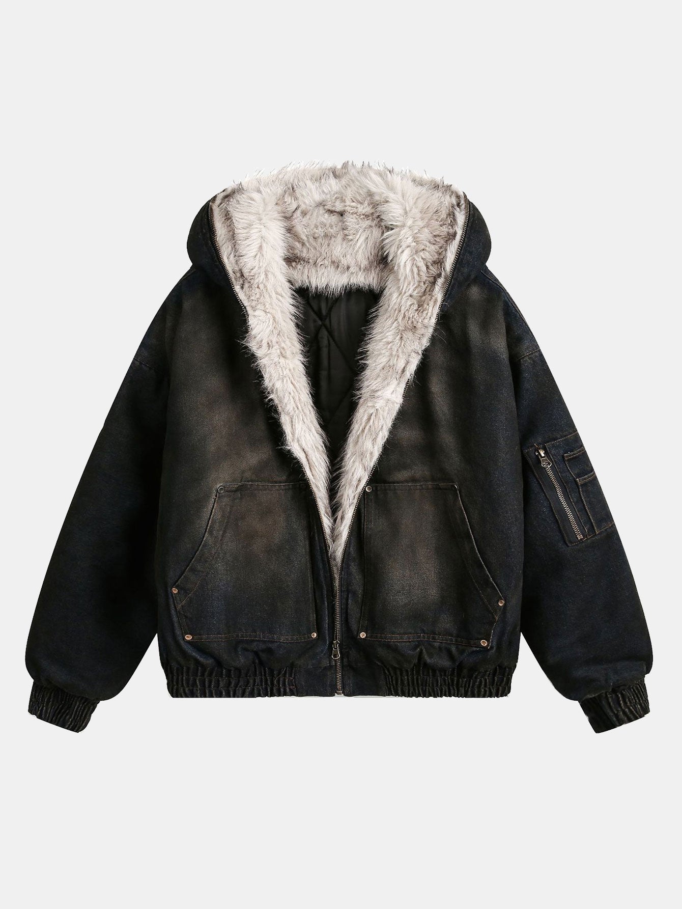 Boxy Faux Fur Collar Washed Denim Hooded Jacket