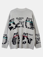 Black Cat Print Button Up Knit Sweater