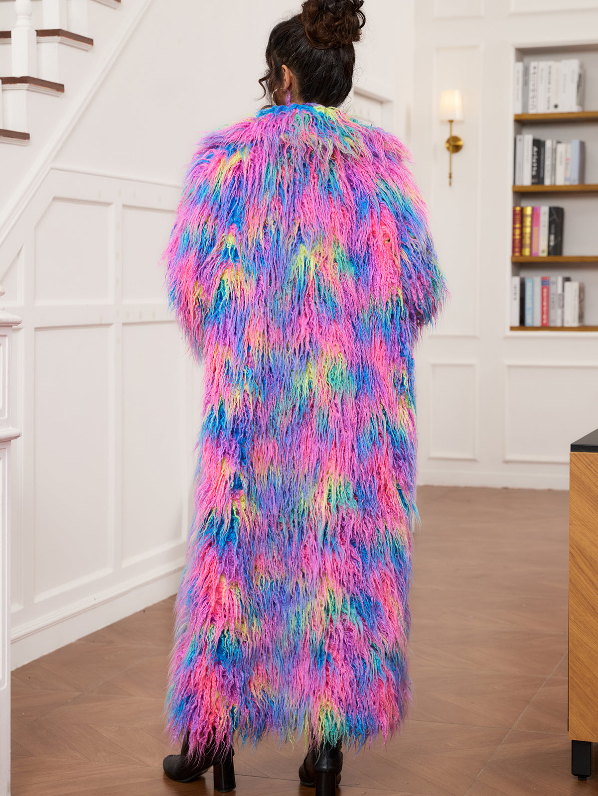 Women Rainbow Shaggy Faux Fur Long Coat Oversized Fluffy Furry Maxi Jacket
