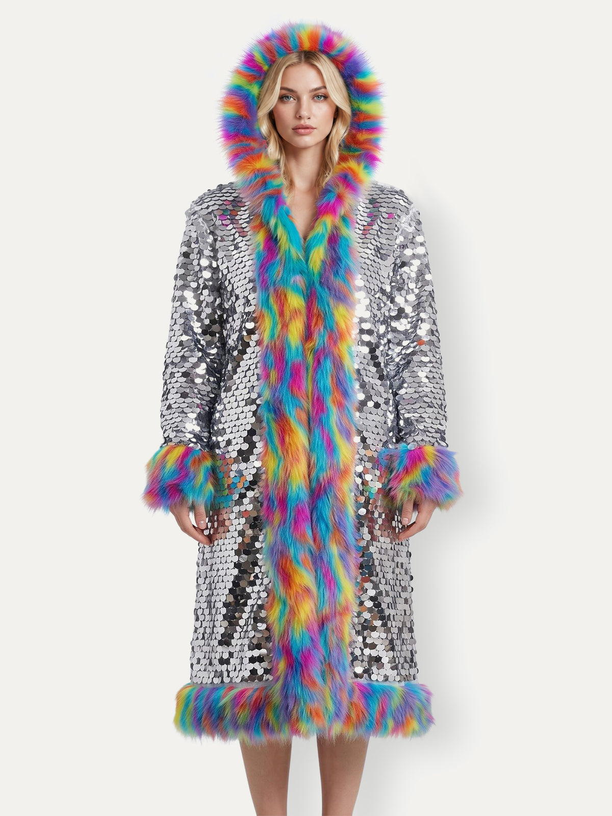 Faux Fur Trim Sequin Long Hooded Coat