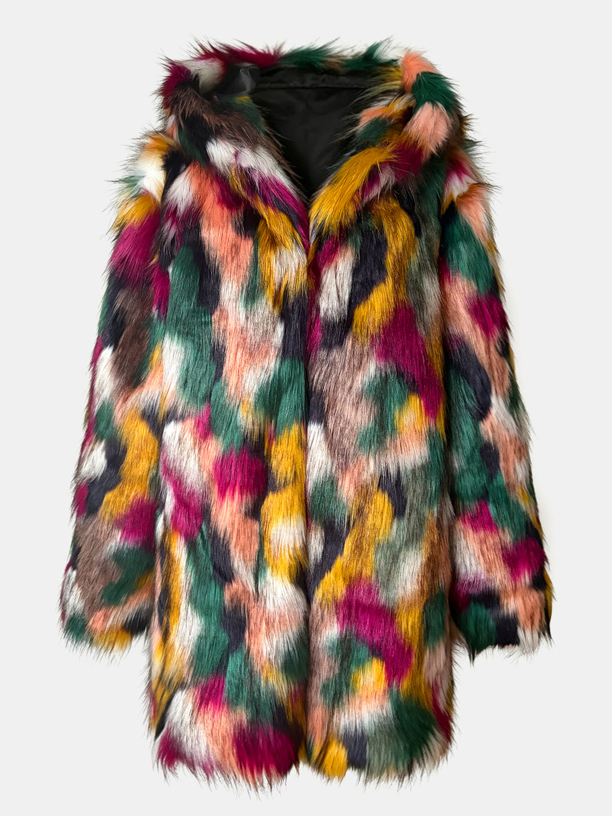 Multi-Color Patchwork Faux Fur Hooded Coat Fluffy Shaggy Jacket