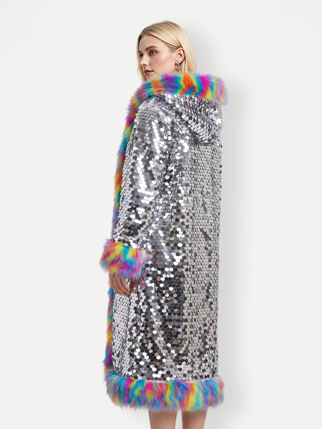 Faux Fur Trim Sequin Long Hooded Coat