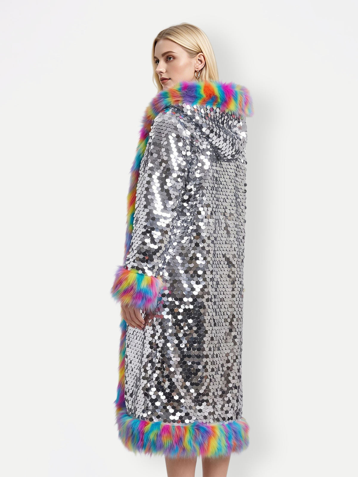 Faux Fur Trim Sequin Long Hooded Coat