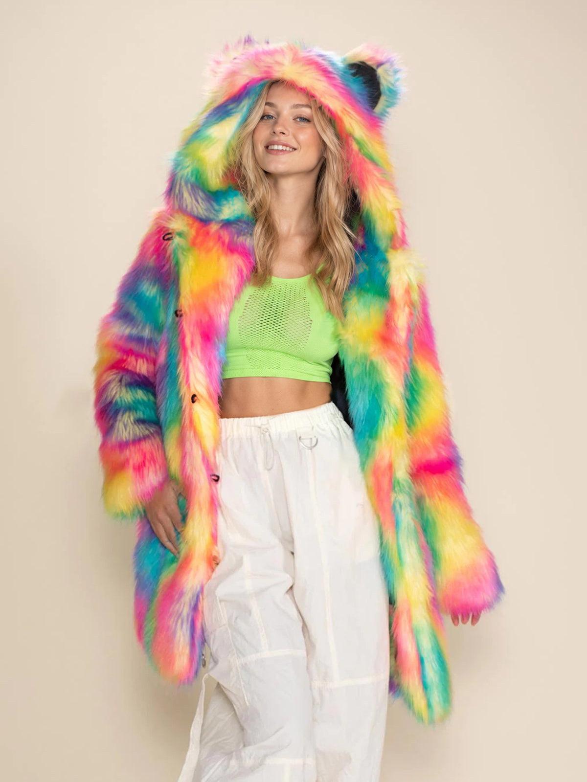 Rainbow Faux Fur Hooded Coat With Bear Ears Fluffy Shaggy Long Furry Jacket