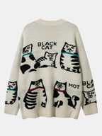 Black Cat Print Button Up Knit Sweater
