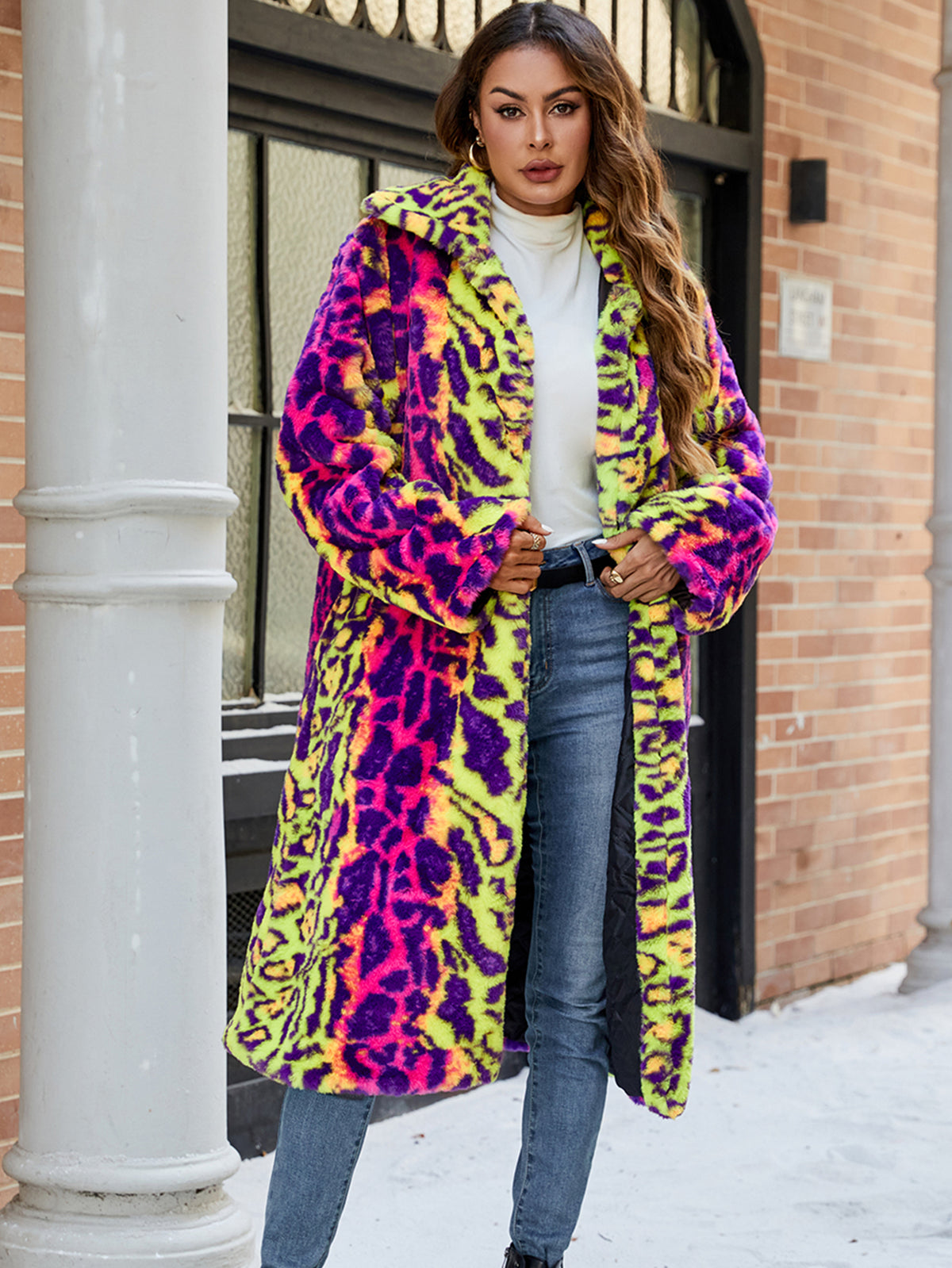 Women Neon Leopard Print Faux Fur Long Coat