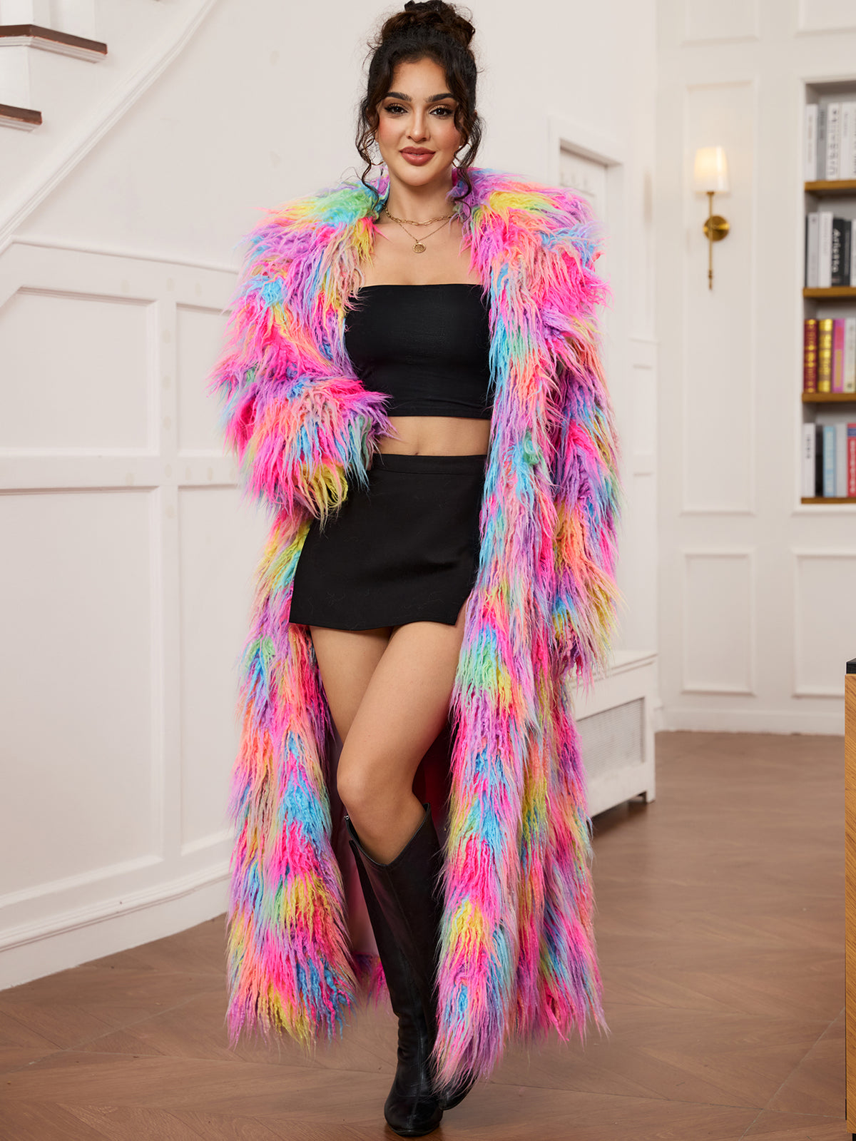Women Rainbow Shaggy Faux Fur Long Coat Oversized Fluffy Furry Maxi Jacket