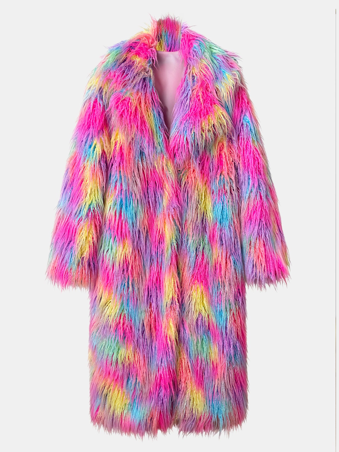 Women Rainbow Shaggy Faux Fur Long Coat Oversized Fluffy Furry Maxi Jacket