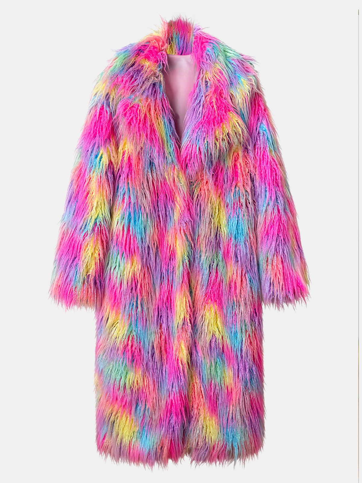 Women Rainbow Shaggy Faux Fur Long Coat Oversized Fluffy Furry Maxi Jacket