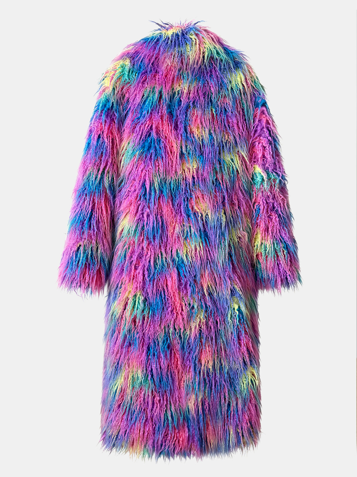 Women Rainbow Shaggy Faux Fur Long Coat Oversized Fluffy Furry Maxi Jacket