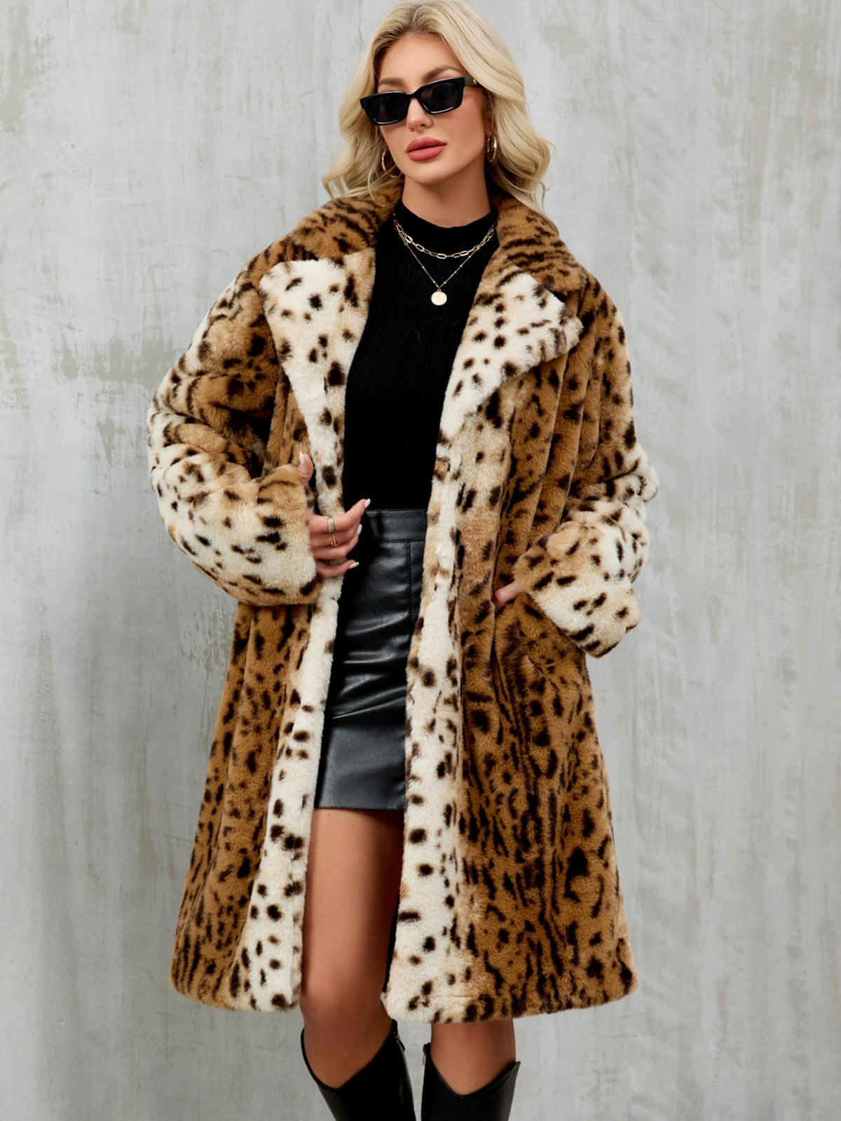 Long Leopard Print Faux Fur Notched Lapel Coat Fluffy Plush Furry Jacket