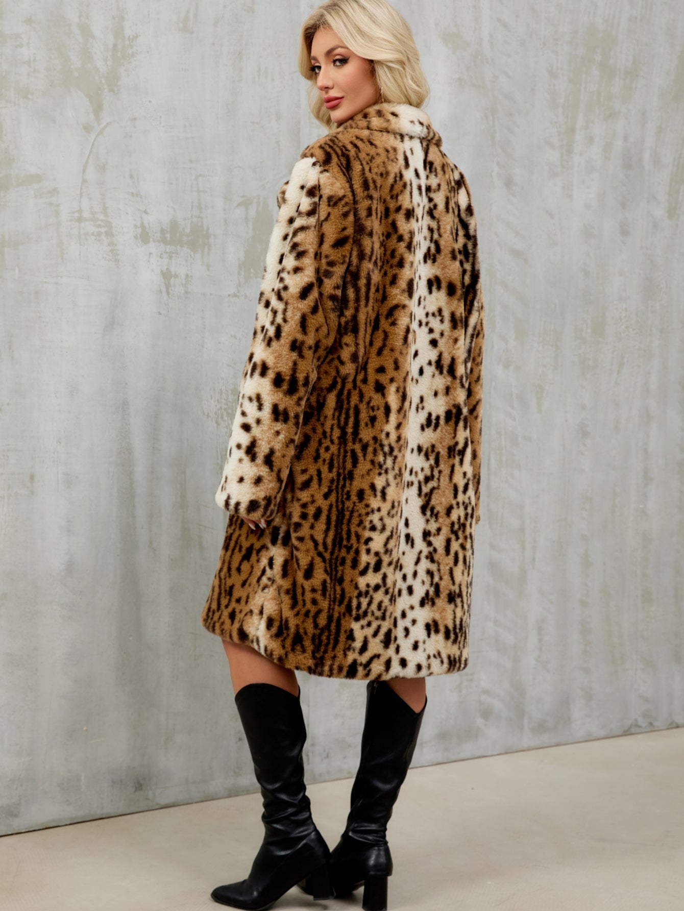 Long Leopard Print Faux Fur Notched Lapel Coat Fluffy Plush Furry Jacket