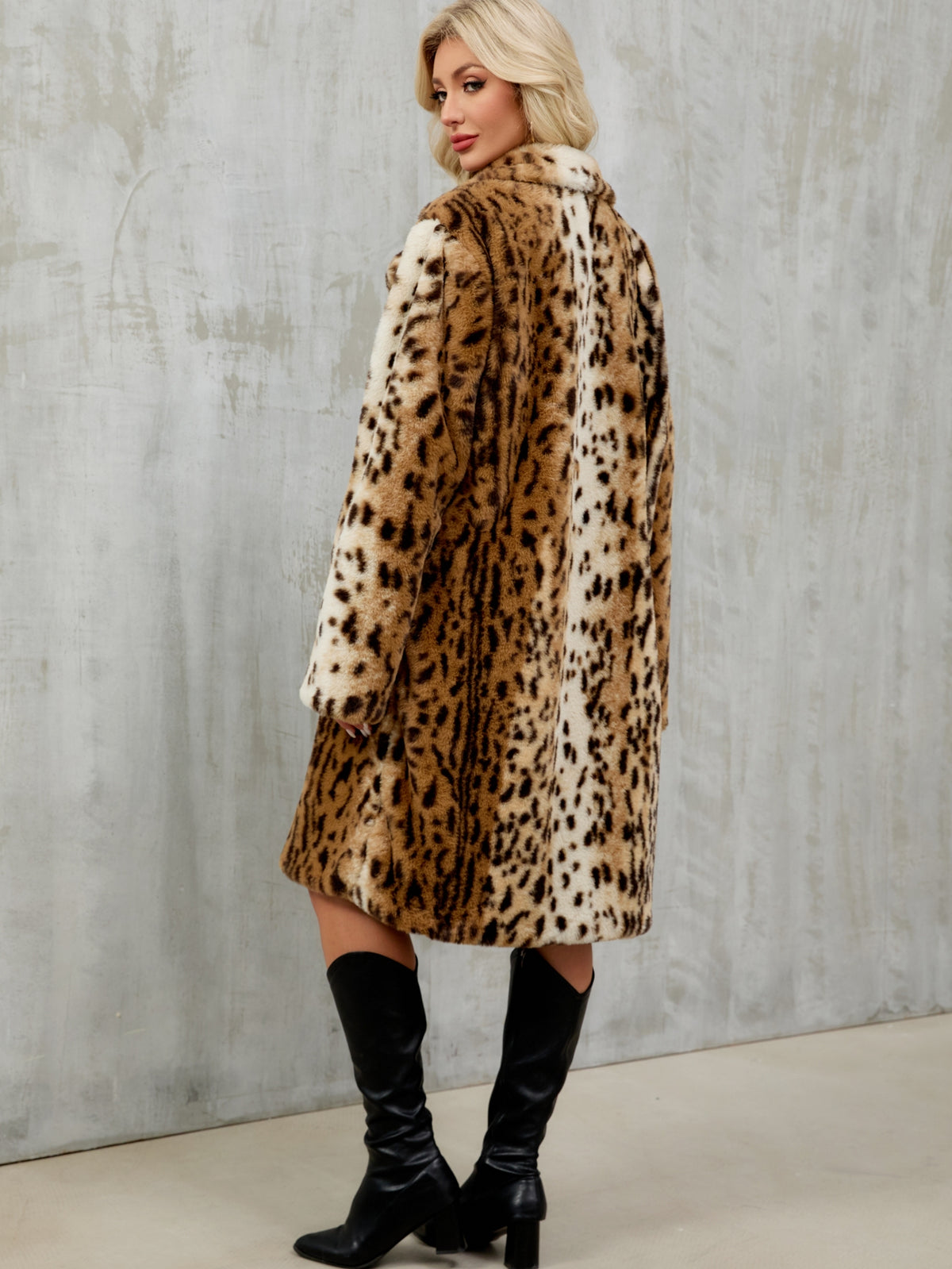 Long Leopard Print Faux Fur Notched Lapel Coat Fluffy Plush Furry Jacket