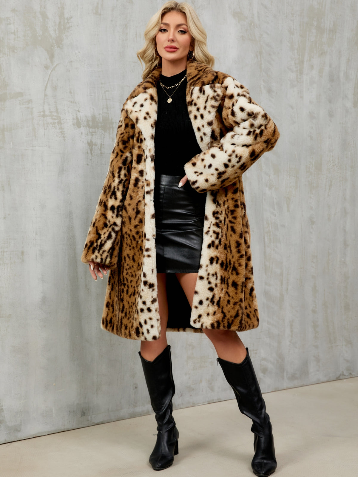 Long Leopard Print Faux Fur Notched Lapel Coat Fluffy Plush Furry Jacket