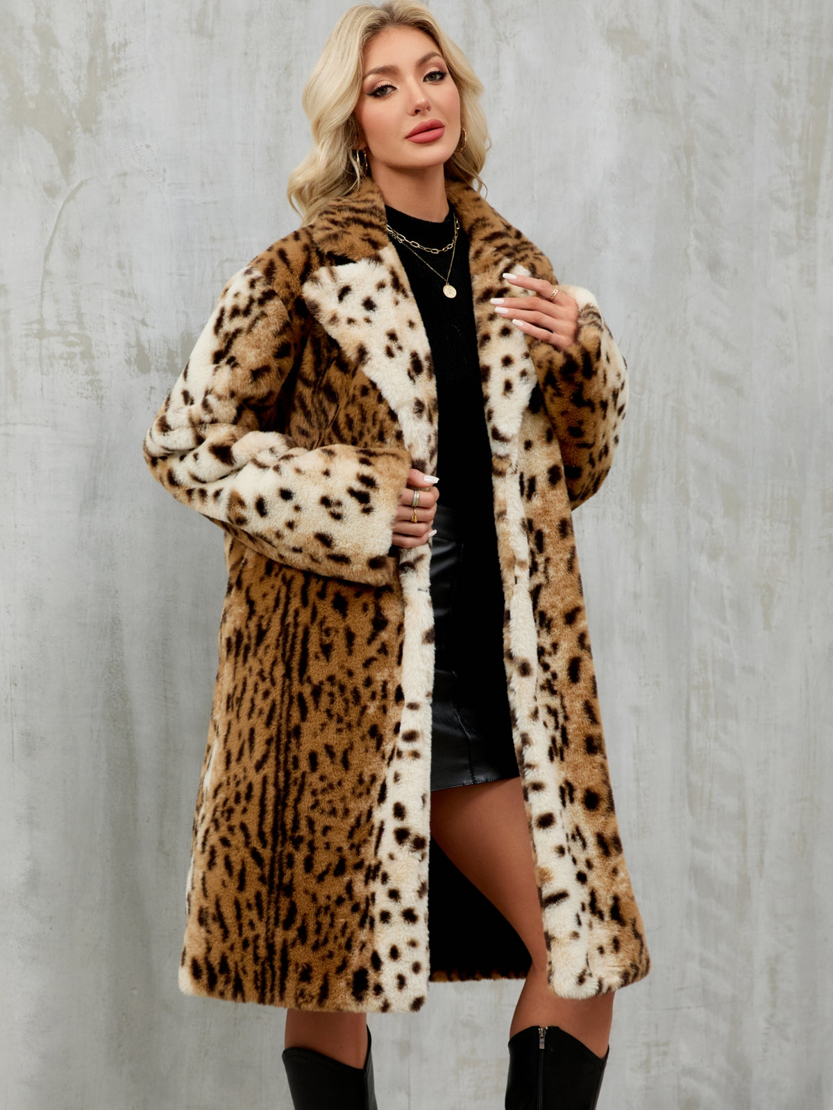 Long Leopard Print Faux Fur Notched Lapel Coat Fluffy Plush Furry Jacket