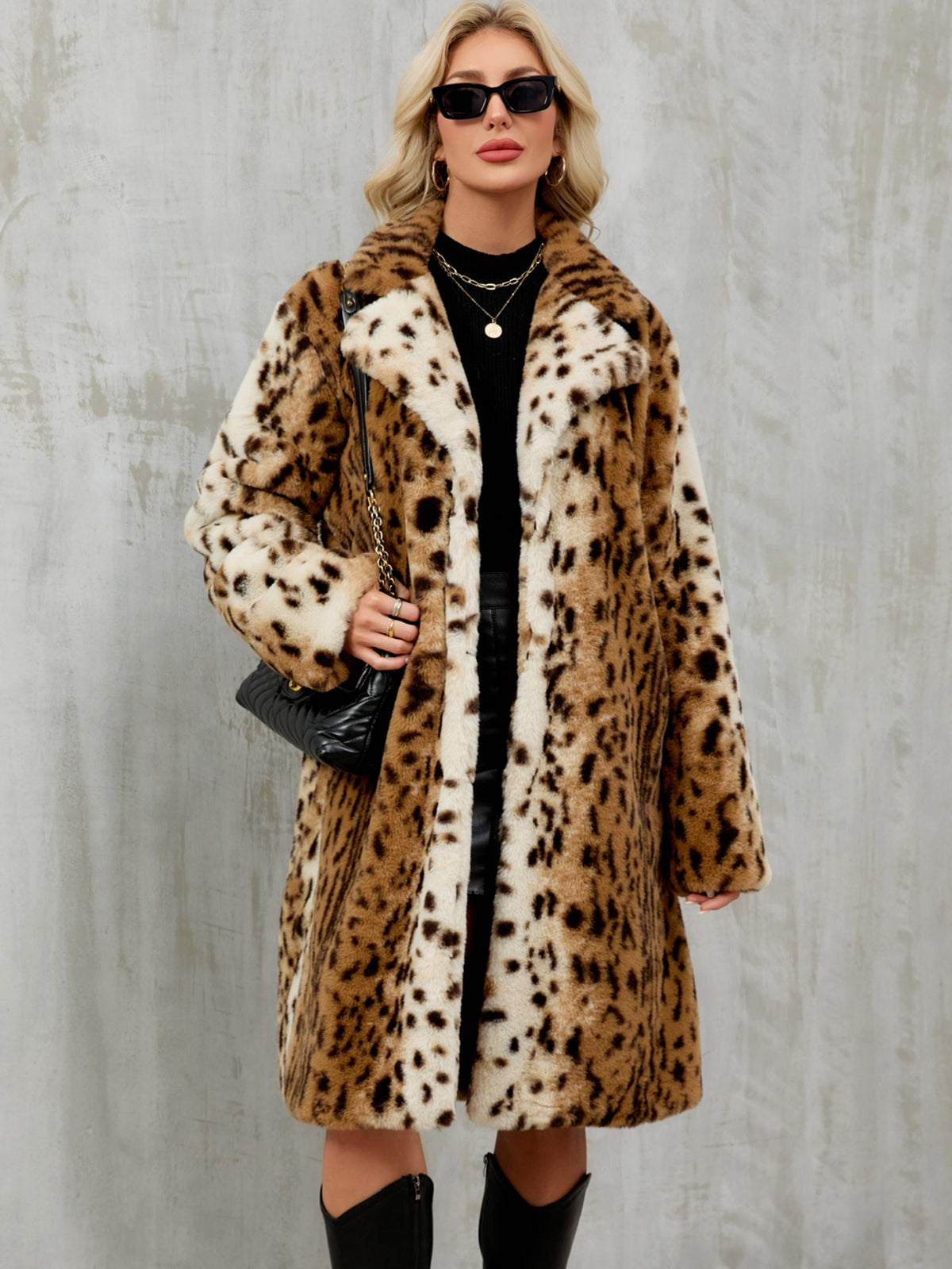 Long Leopard Print Faux Fur Notched Lapel Coat Fluffy Plush Furry Jacket