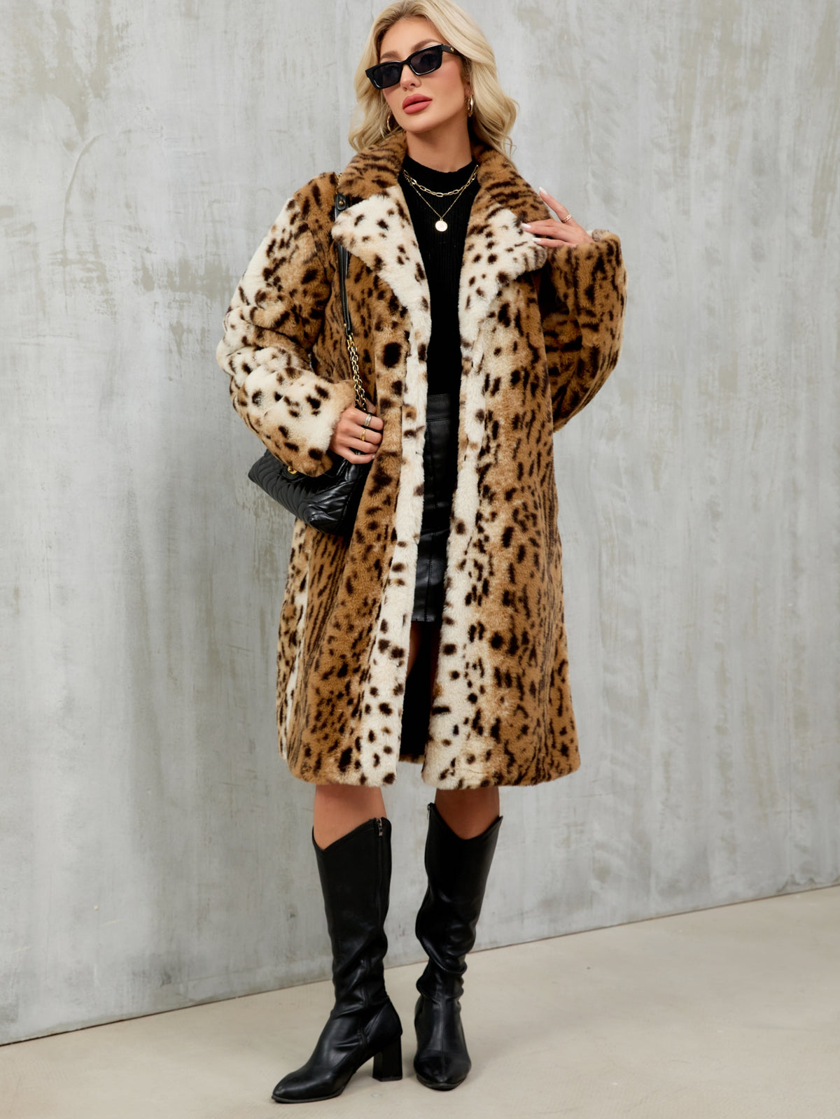 Long Leopard Print Faux Fur Notched Lapel Coat Fluffy Plush Furry Jacket