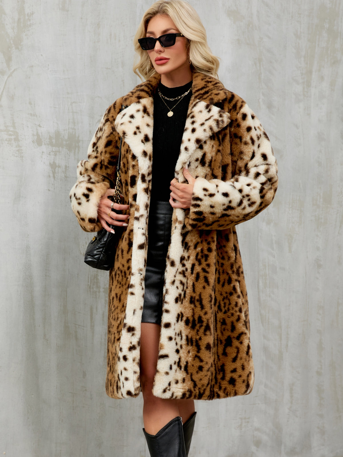 Long Leopard Print Faux Fur Notched Lapel Coat Fluffy Plush Furry Jacket