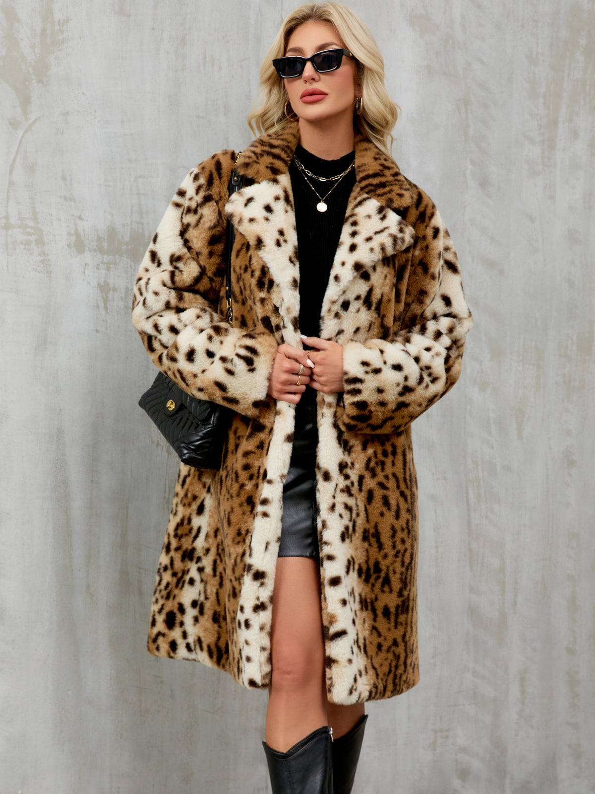 Long Leopard Print Faux Fur Notched Lapel Coat Fluffy Plush Furry Jacket