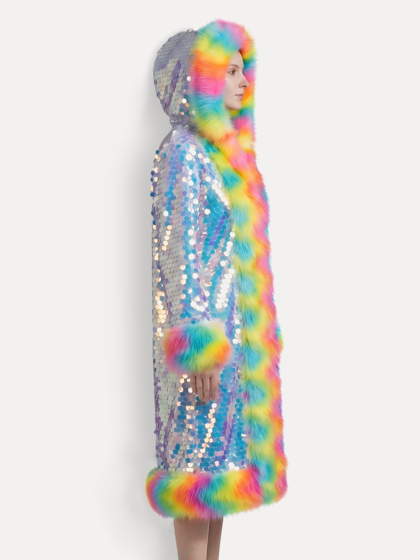 Faux Fur Trim Sequin Long Hooded Coat