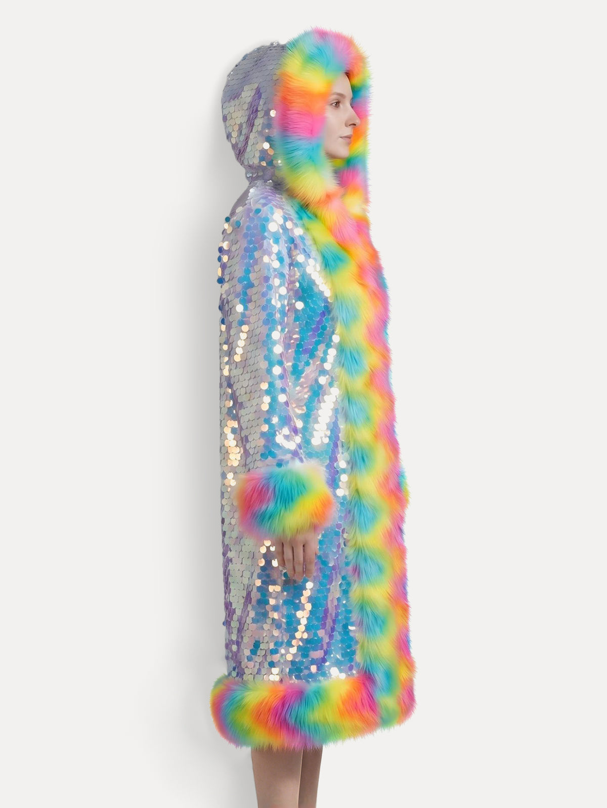 Faux Fur Trim Sequin Long Hooded Coat