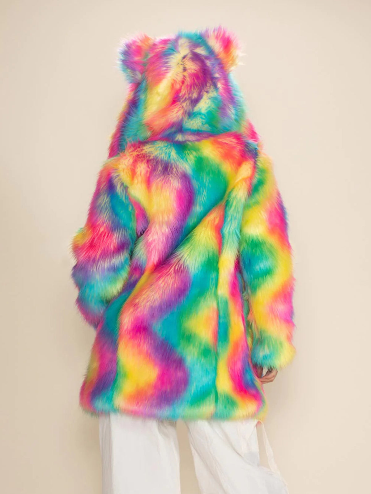 Rainbow Faux Fur Hooded Coat With Bear Ears Fluffy Shaggy Long Furry Jacket