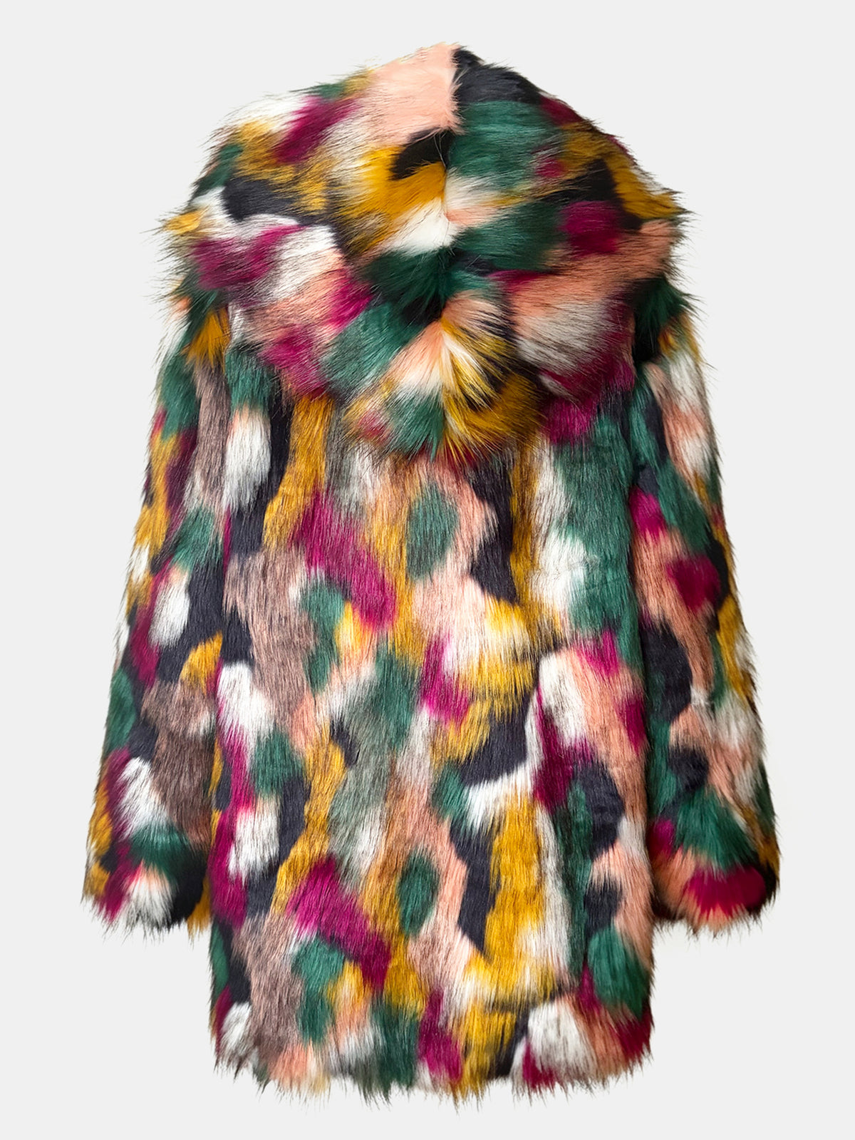 Multi-Color Patchwork Faux Fur Hooded Coat Fluffy Shaggy Jacket