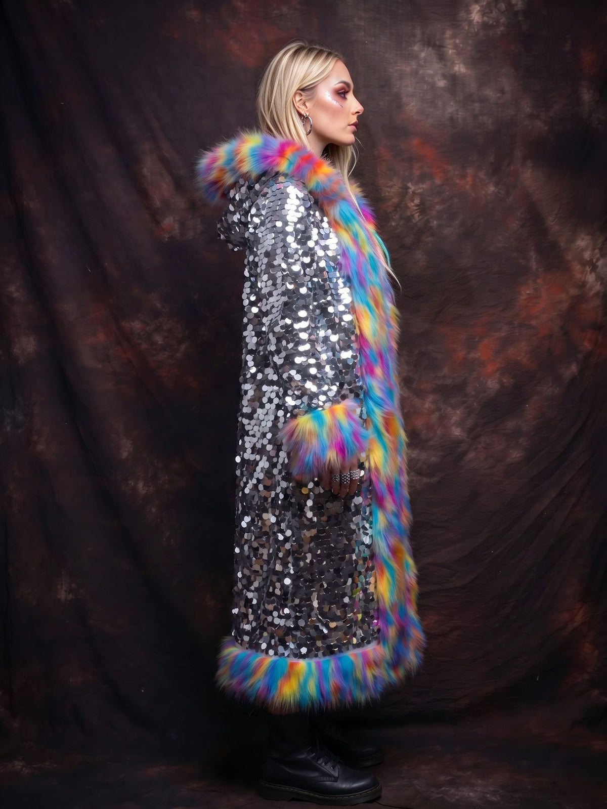 Faux Fur Trim Sequin Long Hooded Coat