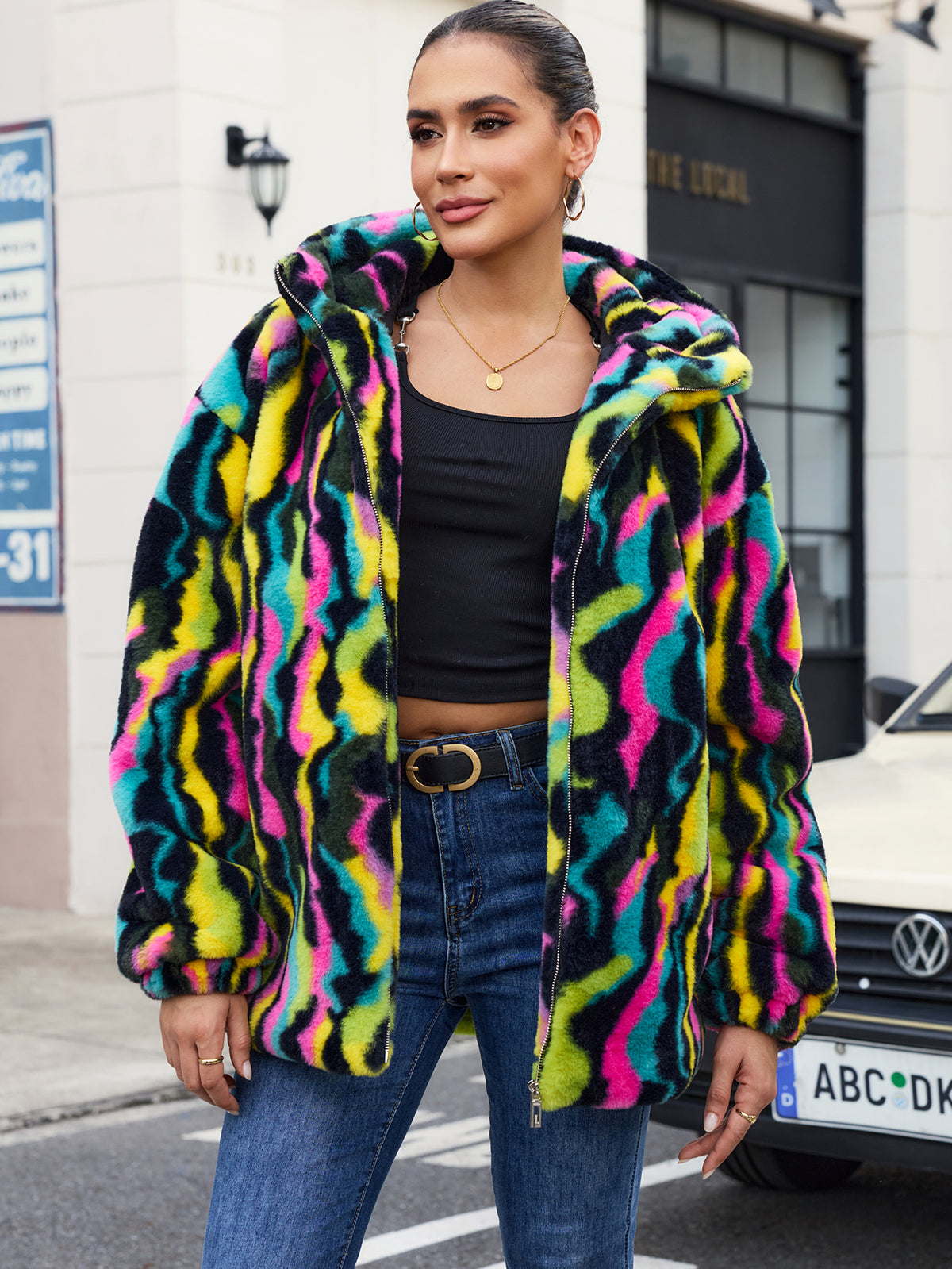 Rainbow Swirl Hooded Faux Fur Jacket Colorful Psychedelic Zip Up Fluffy Coat For Rave Festival