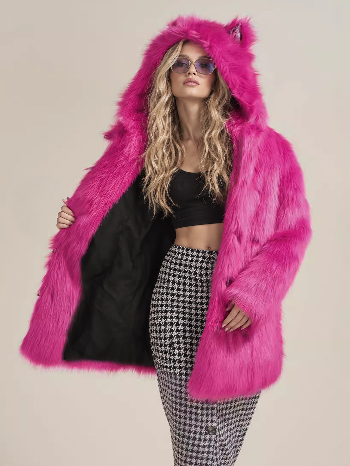 Women Faux Fur Hooded Coat With Cat Ears Fluffy Shaggy Long Furry Jacket