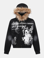 Boxy Faux Fur Collar Comic Character Print Zipper Hoodie
