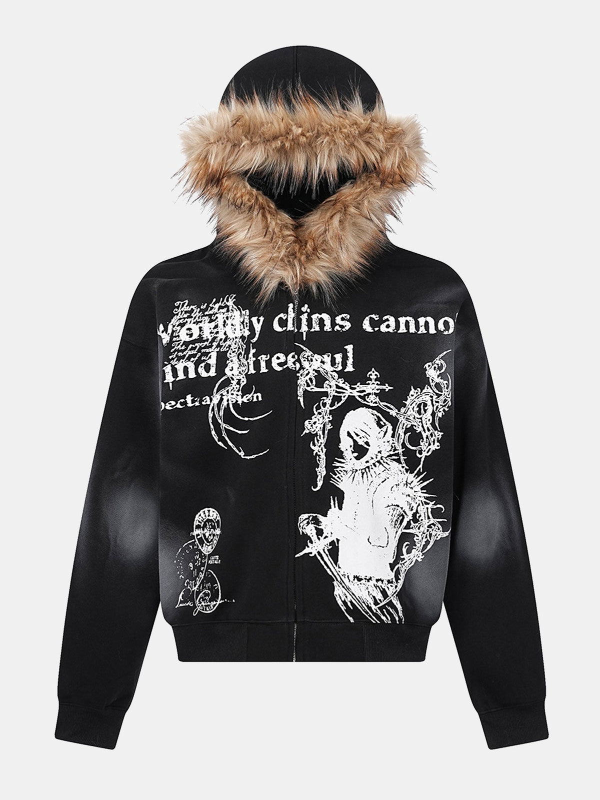 Boxy Faux Fur Collar Comic Character Print Zipper Hoodie
