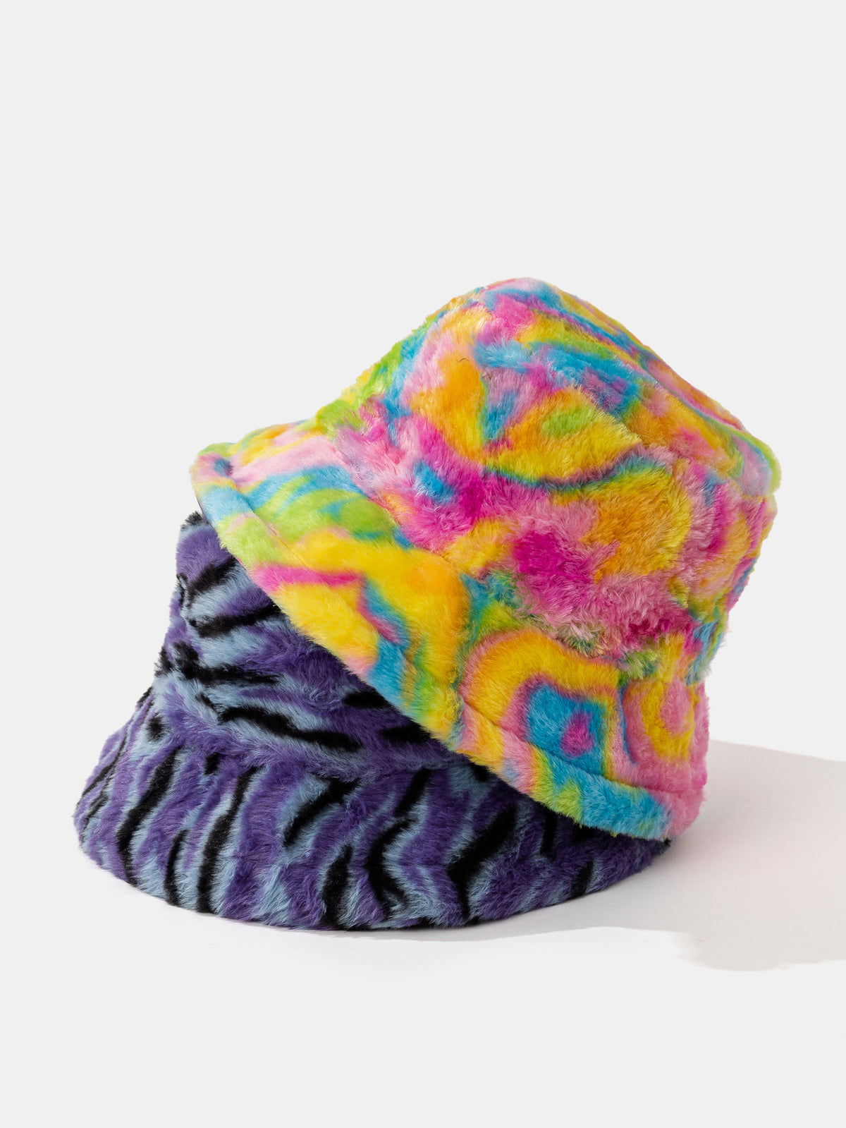 Plush-Texture Bucket Hat – Faux Fur Hat Featuring Psychedelic Animal-print Swirls; Perfect For Music Festival Outfits
