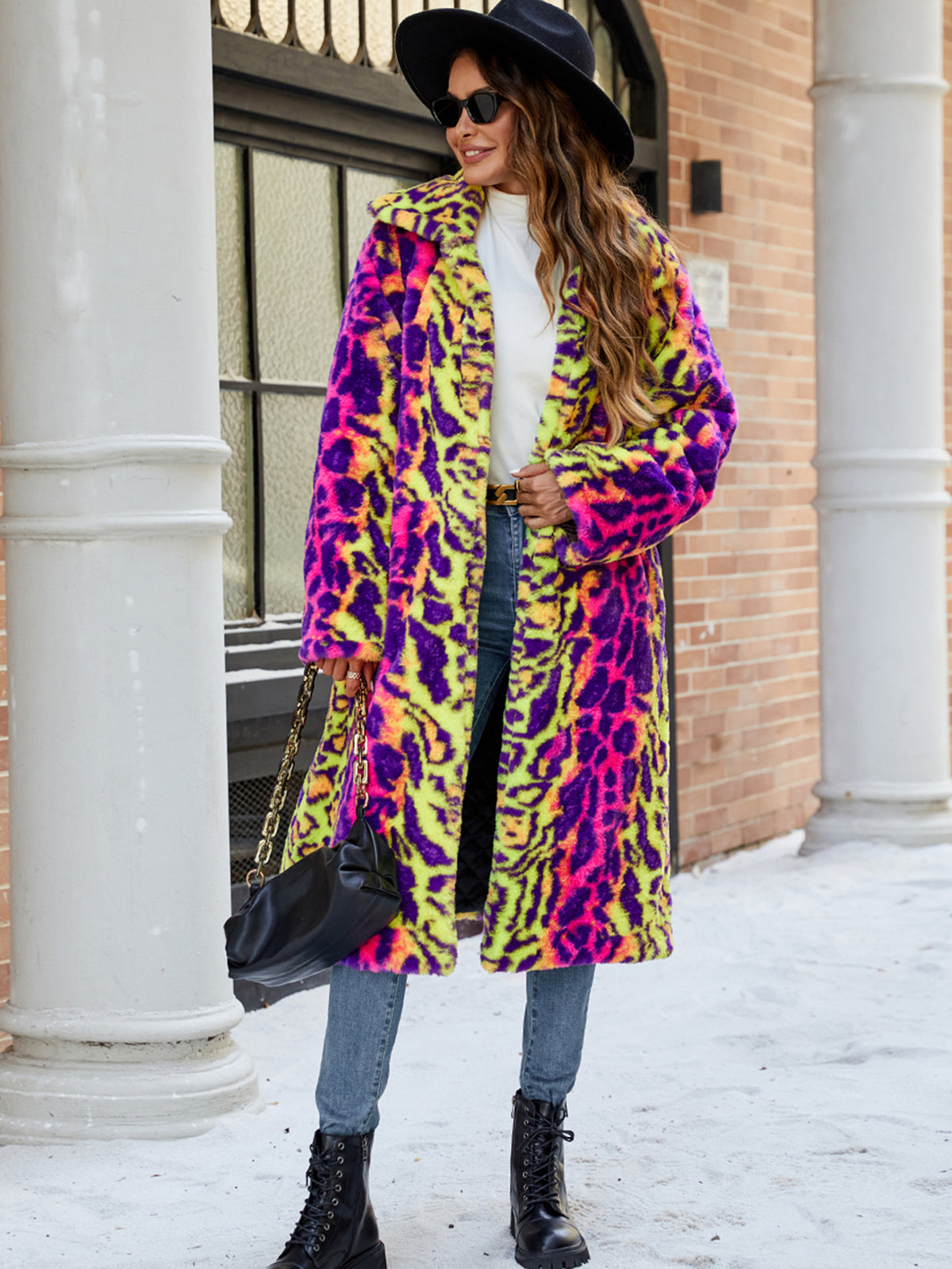 Women Neon Leopard Print Faux Fur Long Coat