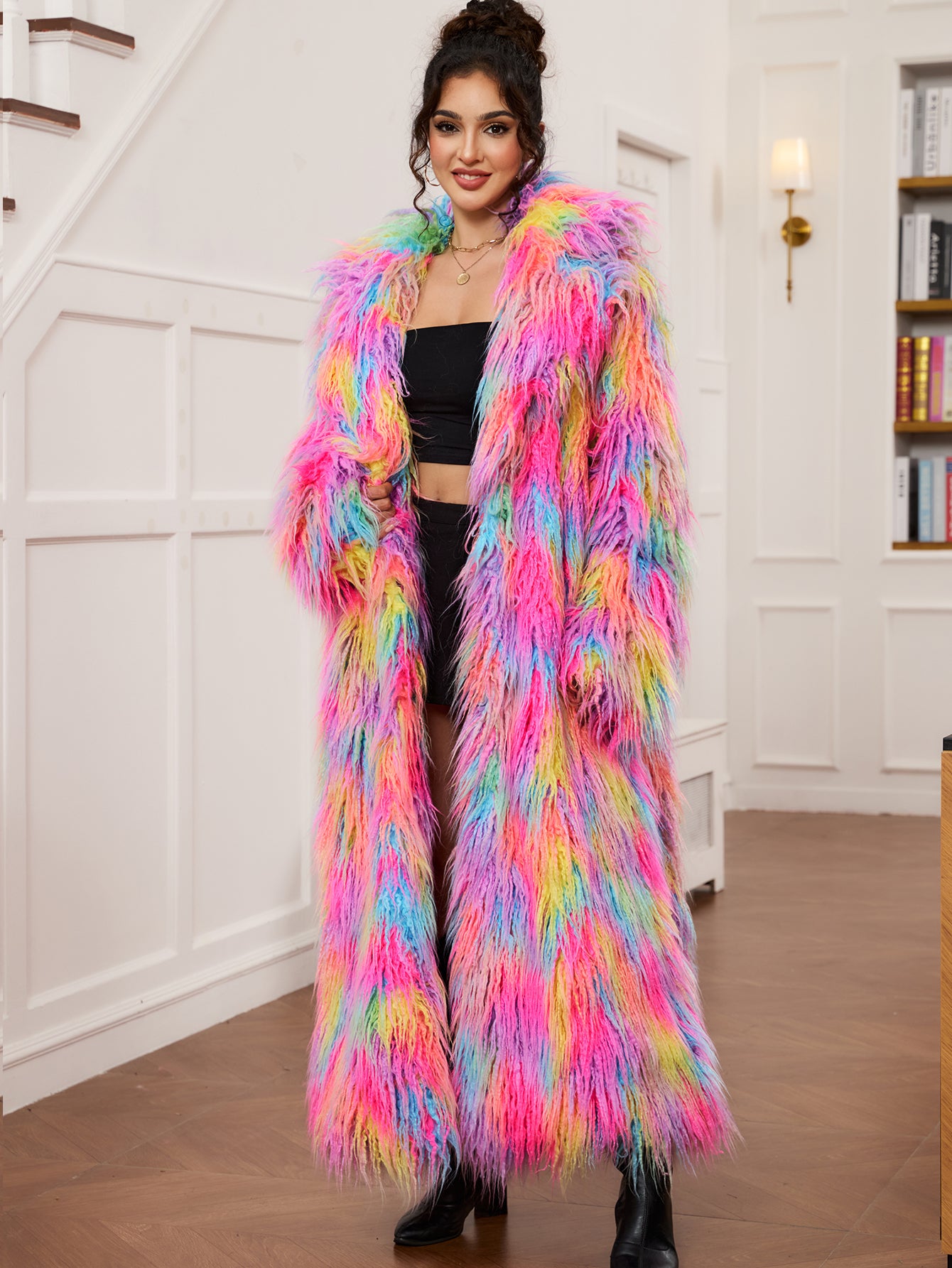 Women Rainbow Shaggy Faux Fur Long Coat Oversized Fluffy Furry Maxi Jacket